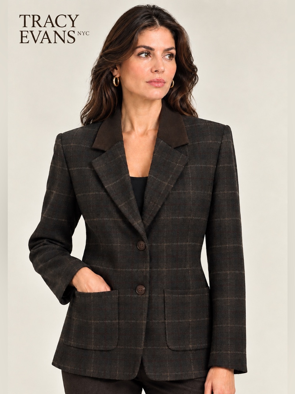 NEW Tracy Evans Dark Brown/Black Windowpane Notch-Collar Blazer